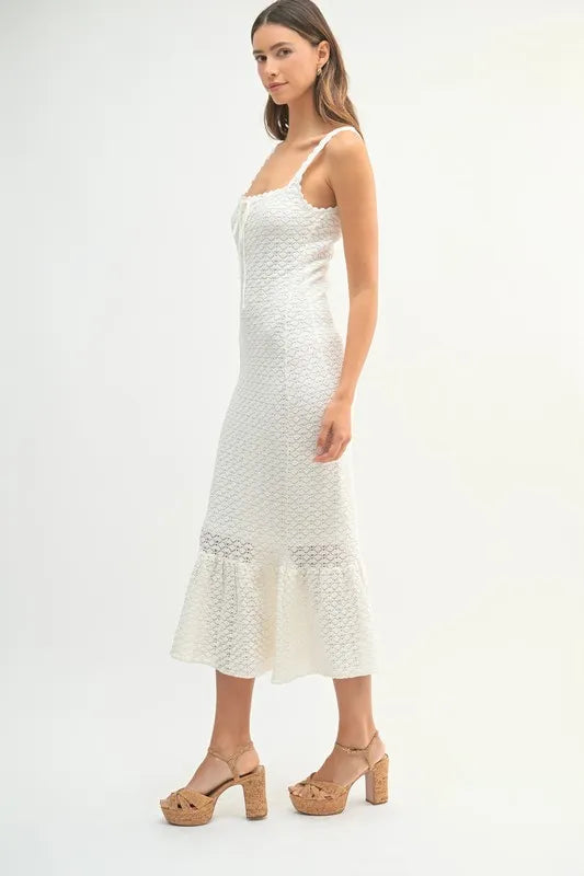 MABLE Ruffled Hem Sleeveless Crochet Knit Midi Dress-MABLE-Off White-M-Urbanheer