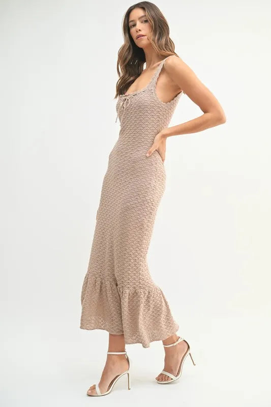 MABLE Ruffled Hem Sleeveless Crochet Knit Midi Dress-MABLE-Mocha-L-Urbanheer