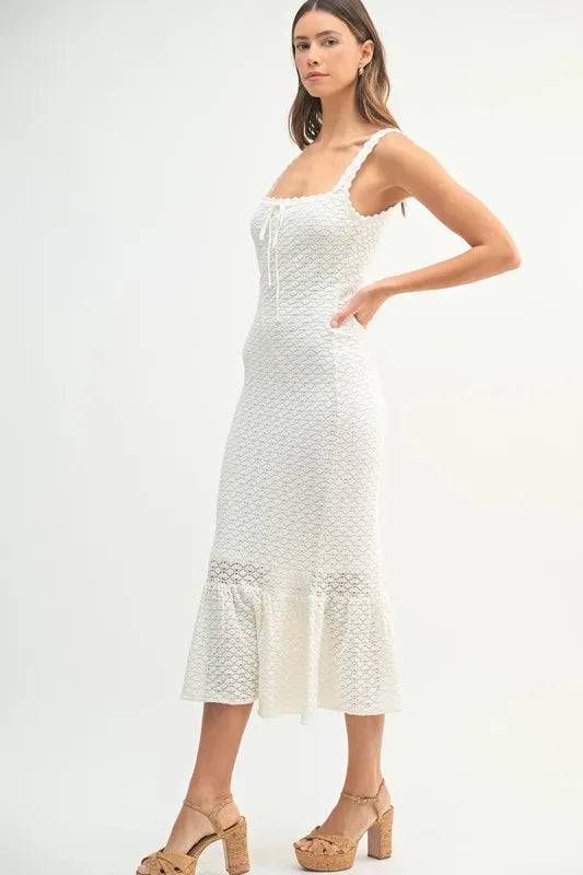 MABLE Ruffled Hem Sleeveless Crochet Knit Midi Dress-MABLE-Off White-M-Urbanheer