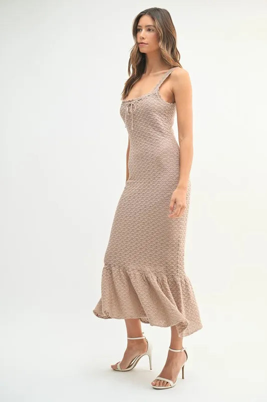 MABLE Ruffled Hem Sleeveless Crochet Knit Midi Dress-MABLE-Mocha-L-Urbanheer