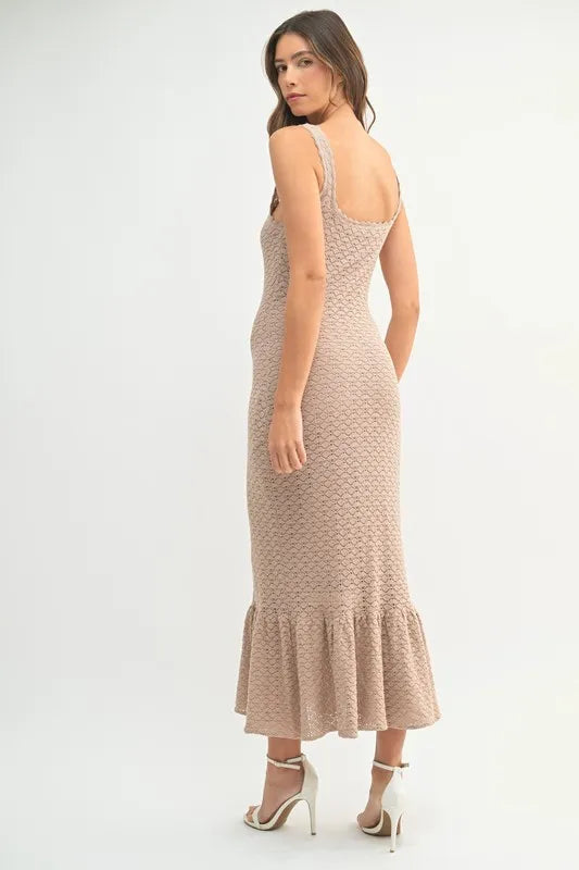 MABLE Ruffled Hem Sleeveless Crochet Knit Midi Dress-MABLE-Mocha-L-Urbanheer