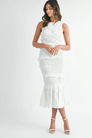 MABLE Ruffled Popcorn Smocked Mermaid Midi Dress-MABLE-Off White-S-Urbanheer
