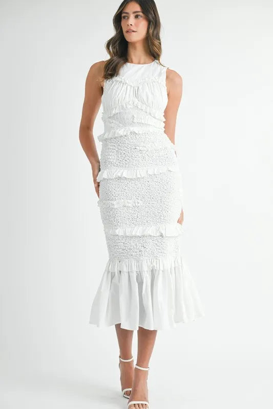 MABLE Ruffled Popcorn Smocked Mermaid Midi Dress-MABLE-Off White-S-Urbanheer