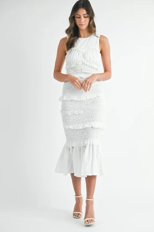 MABLE Ruffled Popcorn Smocked Mermaid Midi Dress-MABLE-Off White-S-Urbanheer