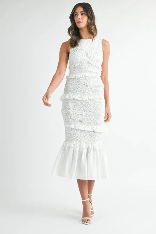 MABLE Ruffled Popcorn Smocked Mermaid Midi Dress-MABLE-Off White-S-Urbanheer