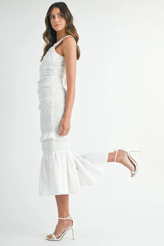 MABLE Ruffled Popcorn Smocked Mermaid Midi Dress-MABLE-Off White-S-Urbanheer