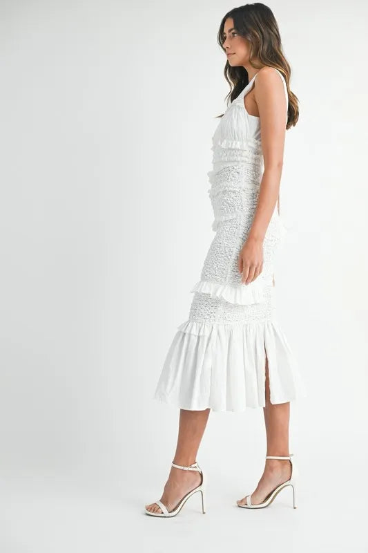MABLE Ruffled Popcorn Smocked Mermaid Midi Dress-MABLE-Off White-S-Urbanheer