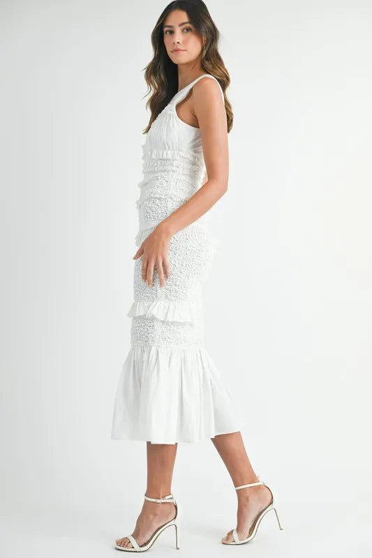 MABLE Ruffled Popcorn Smocked Mermaid Midi Dress-MABLE-Off White-S-Urbanheer