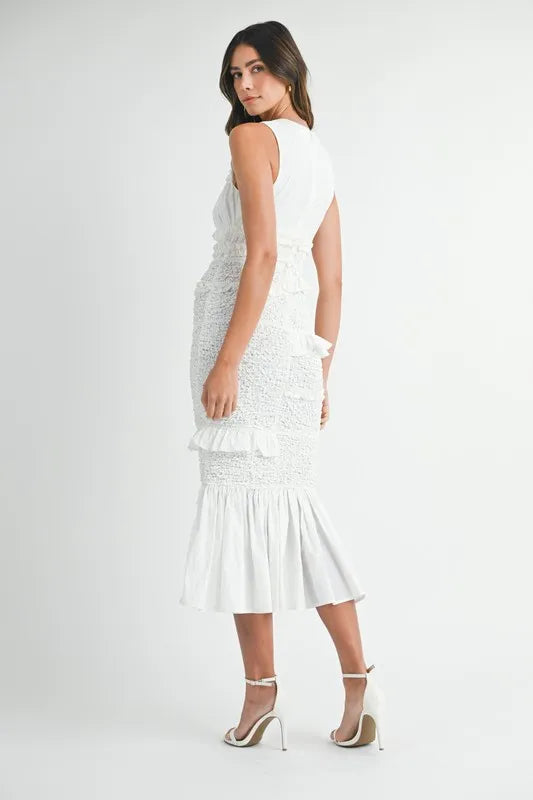 MABLE Ruffled Popcorn Smocked Mermaid Midi Dress-MABLE-Off White-S-Urbanheer