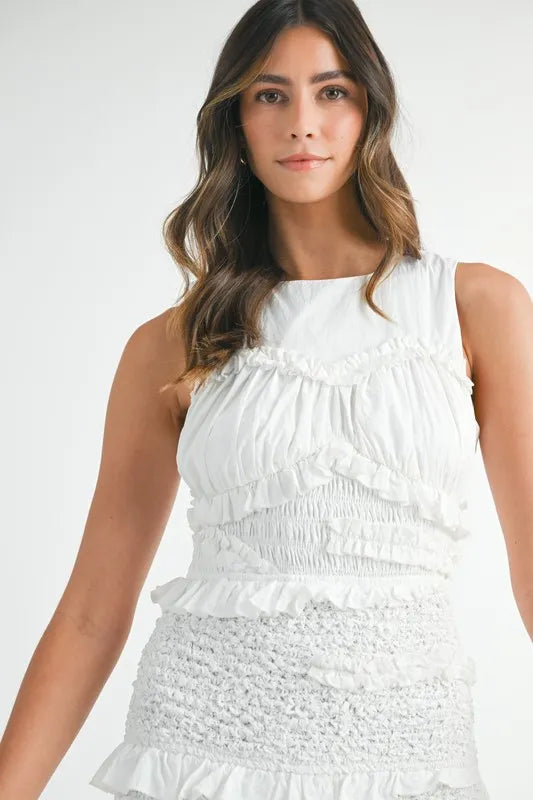 MABLE Ruffled Popcorn Smocked Mermaid Midi Dress-MABLE-Off White-S-Urbanheer