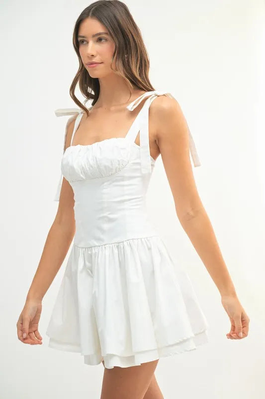MABLE Shoulder Tie Corset Panel Mini Dress-MABLE-OFF WHITE-S-Urbanheer