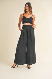 MABLE Smocked Bralette Crop Top and Wide Leg Pants Set-MABLE-Black-S-Urbanheer