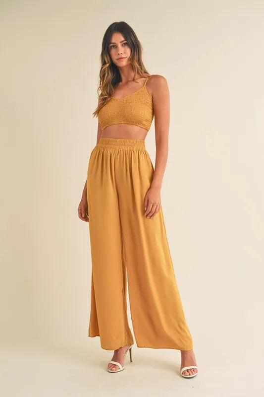 MABLE Smocked Bralette Crop Top and Wide Leg Pants Set-MABLE-Gold Mustard-S-Urbanheer