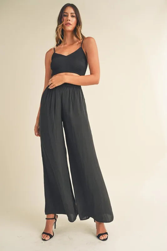 MABLE Smocked Bralette Crop Top and Wide Leg Pants Set-MABLE-Black-S-Urbanheer