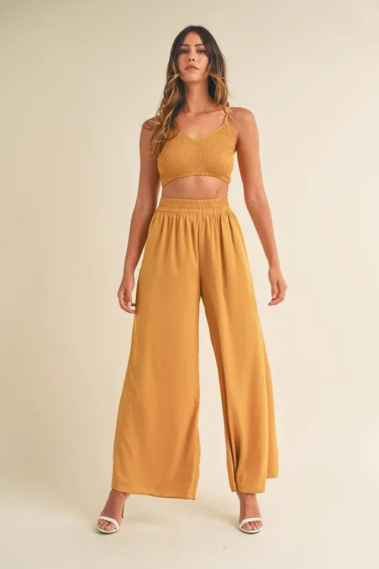 MABLE Smocked Bralette Crop Top and Wide Leg Pants Set-MABLE-Gold Mustard-S-Urbanheer