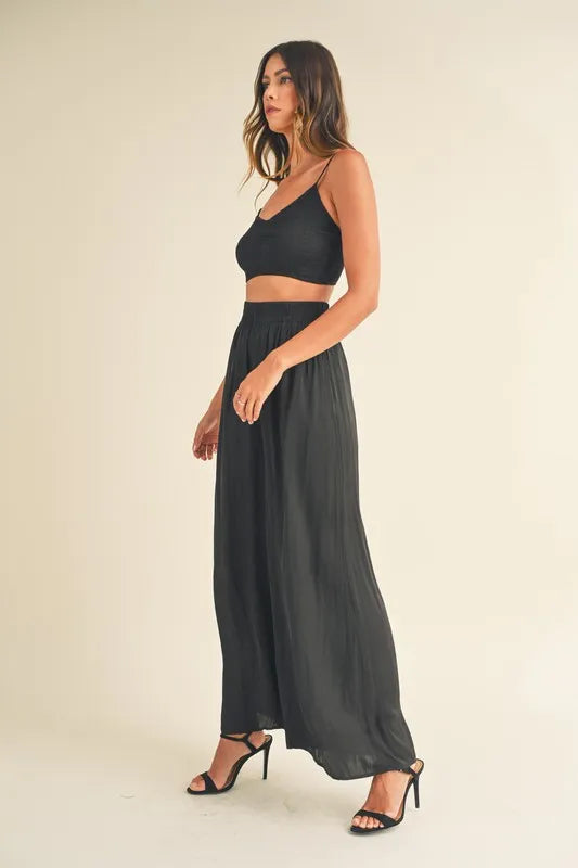 MABLE Smocked Bralette Crop Top and Wide Leg Pants Set-MABLE-Black-S-Urbanheer