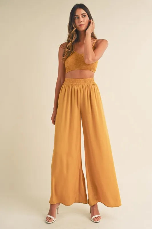 MABLE Smocked Bralette Crop Top and Wide Leg Pants Set-MABLE-Gold Mustard-S-Urbanheer