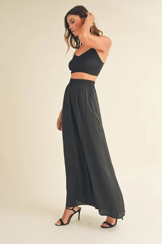 MABLE Smocked Bralette Crop Top and Wide Leg Pants Set-MABLE-Black-S-Urbanheer
