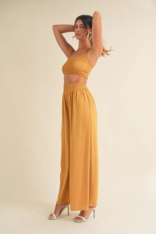 MABLE Smocked Bralette Crop Top and Wide Leg Pants Set-MABLE-Gold Mustard-S-Urbanheer