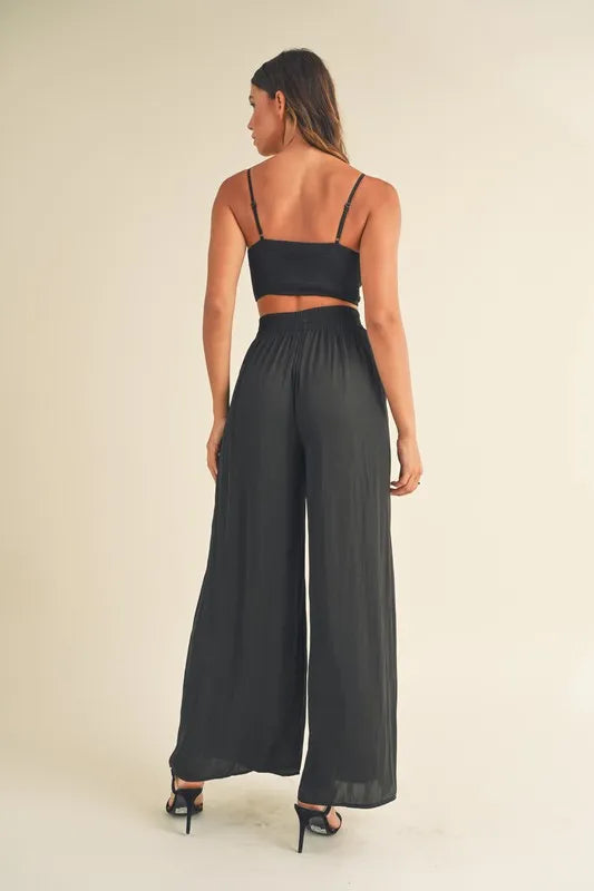 MABLE Smocked Bralette Crop Top and Wide Leg Pants Set-MABLE-Black-S-Urbanheer