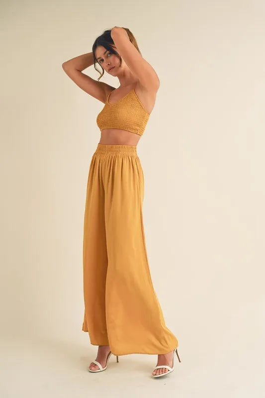 MABLE Smocked Bralette Crop Top and Wide Leg Pants Set-MABLE-Gold Mustard-S-Urbanheer