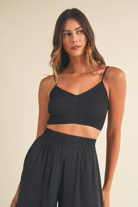 MABLE Smocked Bralette Crop Top and Wide Leg Pants Set-MABLE-Black-S-Urbanheer