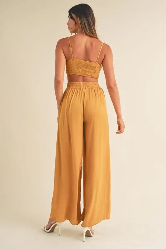 MABLE Smocked Bralette Crop Top and Wide Leg Pants Set-MABLE-Gold Mustard-S-Urbanheer
