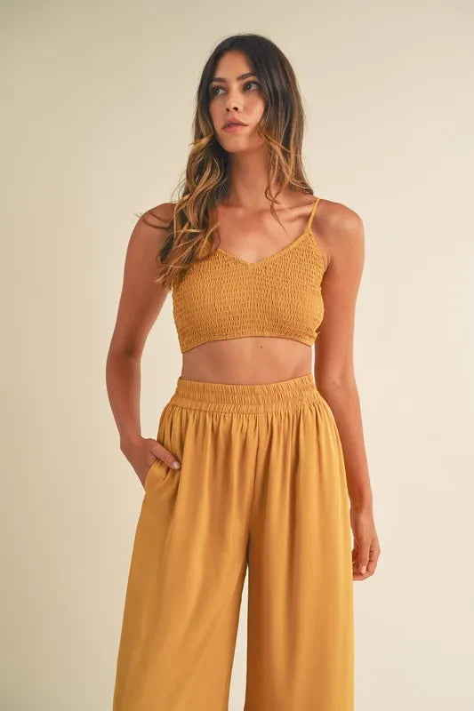 MABLE Smocked Bralette Crop Top and Wide Leg Pants Set-MABLE-Gold Mustard-S-Urbanheer