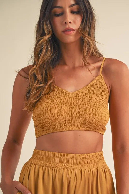 MABLE Smocked Bralette Crop Top and Wide Leg Pants Set-MABLE-Gold Mustard-S-Urbanheer
