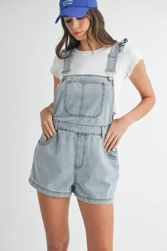 MABLE Square Neck Ruffle Shoulder Denim Overall Romper-MABLE-Lt Denim-S-Urbanheer