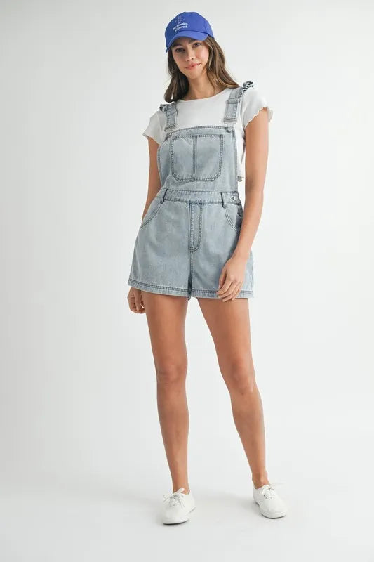 MABLE Square Neck Ruffle Shoulder Denim Overall Romper-MABLE-Lt Denim-S-Urbanheer