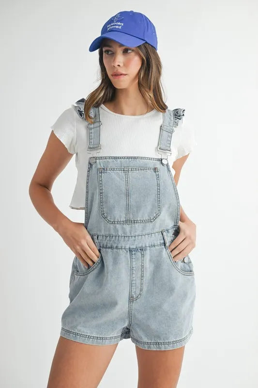 MABLE Square Neck Ruffle Shoulder Denim Overall Romper-MABLE-Lt Denim-S-Urbanheer