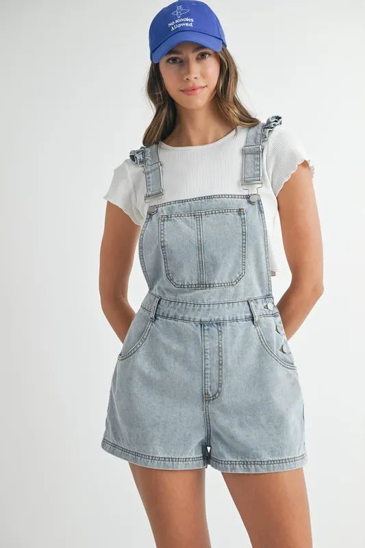 MABLE Square Neck Ruffle Shoulder Denim Overall Romper-MABLE-Lt Denim-S-Urbanheer