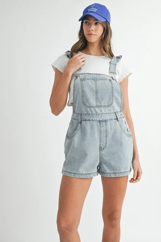 MABLE Square Neck Ruffle Shoulder Denim Overall Romper-MABLE-Lt Denim-S-Urbanheer