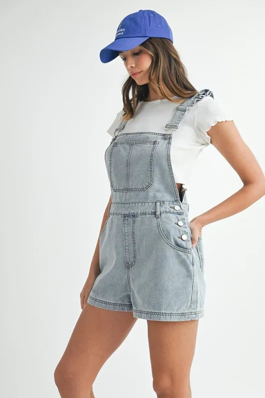 MABLE Square Neck Ruffle Shoulder Denim Overall Romper-MABLE-Lt Denim-S-Urbanheer