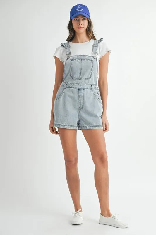 MABLE Square Neck Ruffle Shoulder Denim Overall Romper-MABLE-Lt Denim-S-Urbanheer