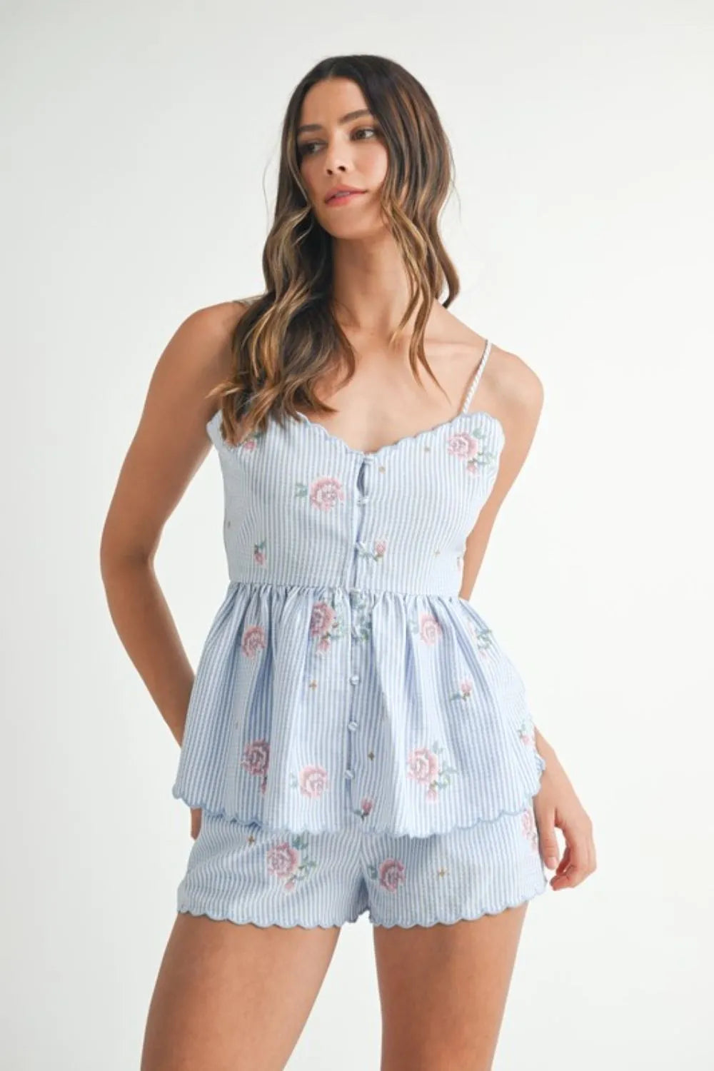 MABLE Stripe Embroidered Peplum Cami and Shorts Set-MABLE-Blue-M-Urbanheer
