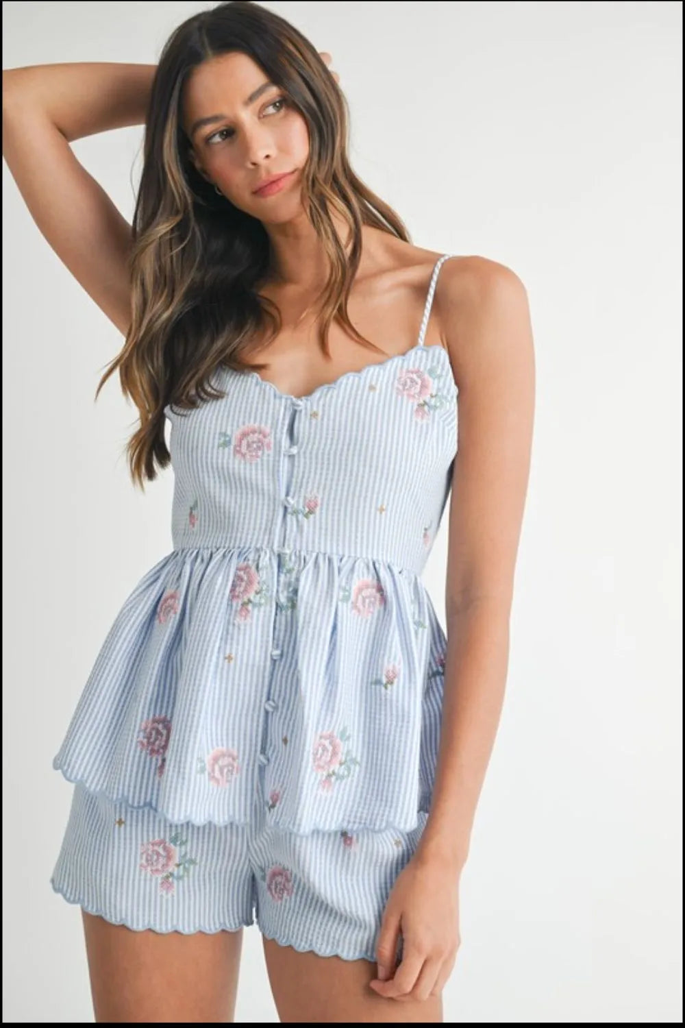 MABLE Stripe Embroidered Peplum Cami and Shorts Set-MABLE-Blue-M-Urbanheer