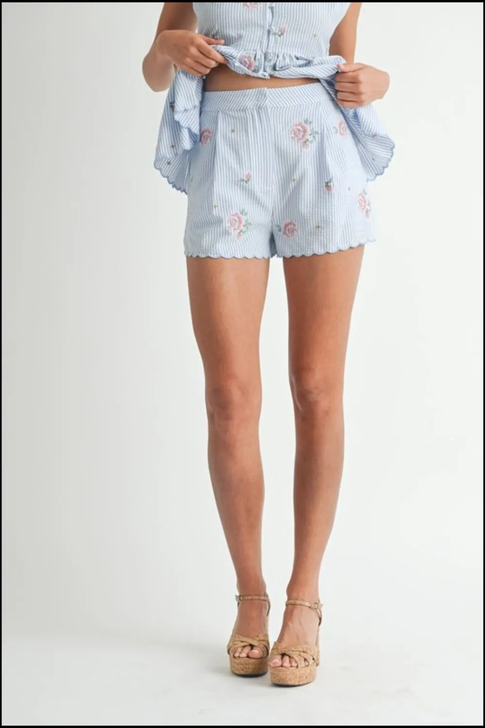 MABLE Stripe Embroidered Peplum Cami and Shorts Set-MABLE-Blue-M-Urbanheer