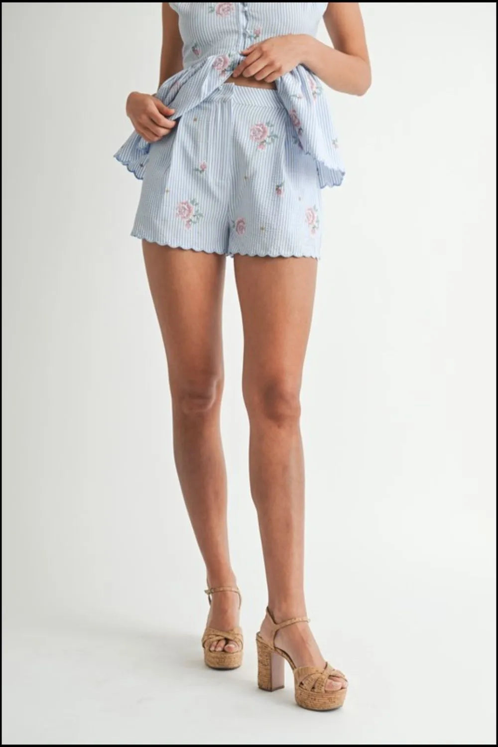 MABLE Stripe Embroidered Peplum Cami and Shorts Set-MABLE-Blue-M-Urbanheer