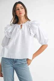 MABLE Stripe Ruffle Shoulder Puff Sleeve Blouse-MABLE-Off White-S-Urbanheer
