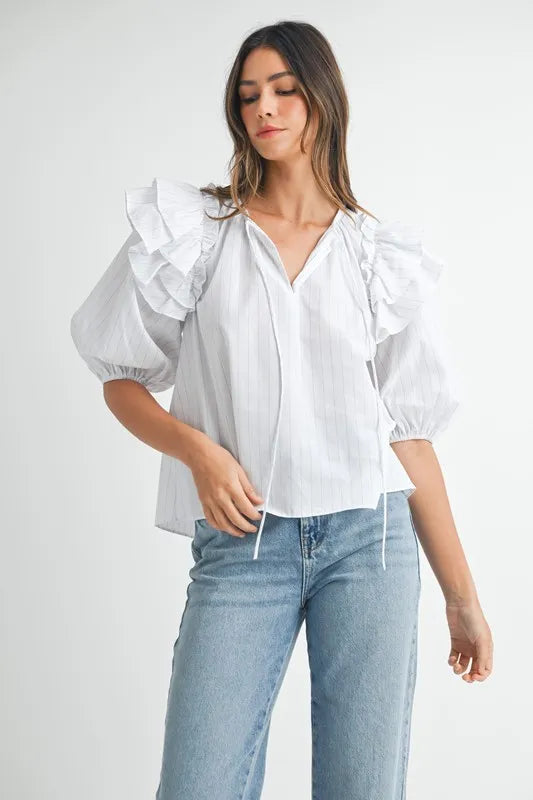 MABLE Stripe Ruffle Shoulder Puff Sleeve Blouse-MABLE-Off White-S-Urbanheer