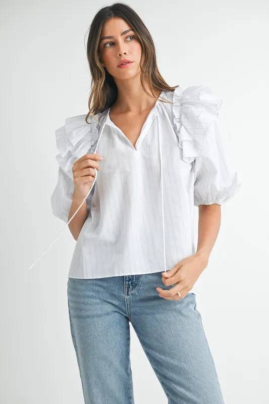 MABLE Stripe Ruffle Shoulder Puff Sleeve Blouse-MABLE-Off White-S-Urbanheer