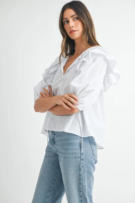 MABLE Stripe Ruffle Shoulder Puff Sleeve Blouse-MABLE-Off White-S-Urbanheer