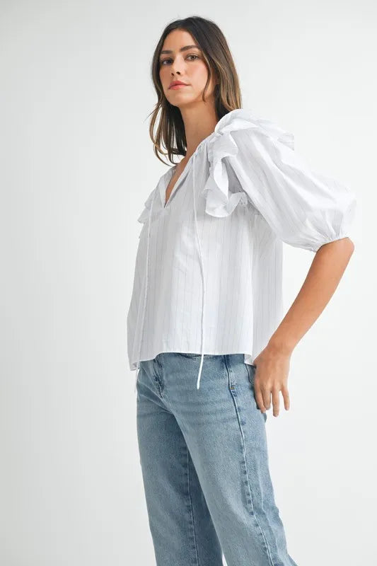 MABLE Stripe Ruffle Shoulder Puff Sleeve Blouse-MABLE-Off White-S-Urbanheer