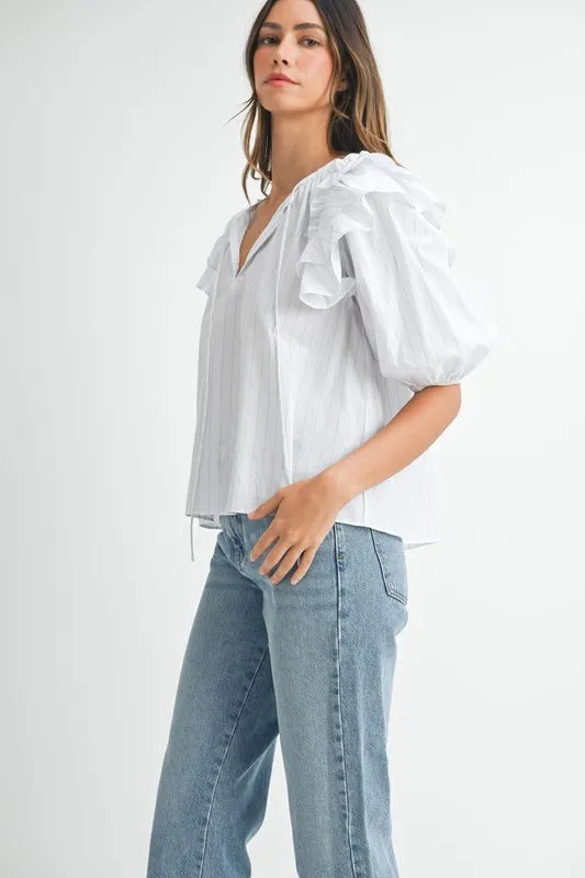 MABLE Stripe Ruffle Shoulder Puff Sleeve Blouse-MABLE-Off White-S-Urbanheer