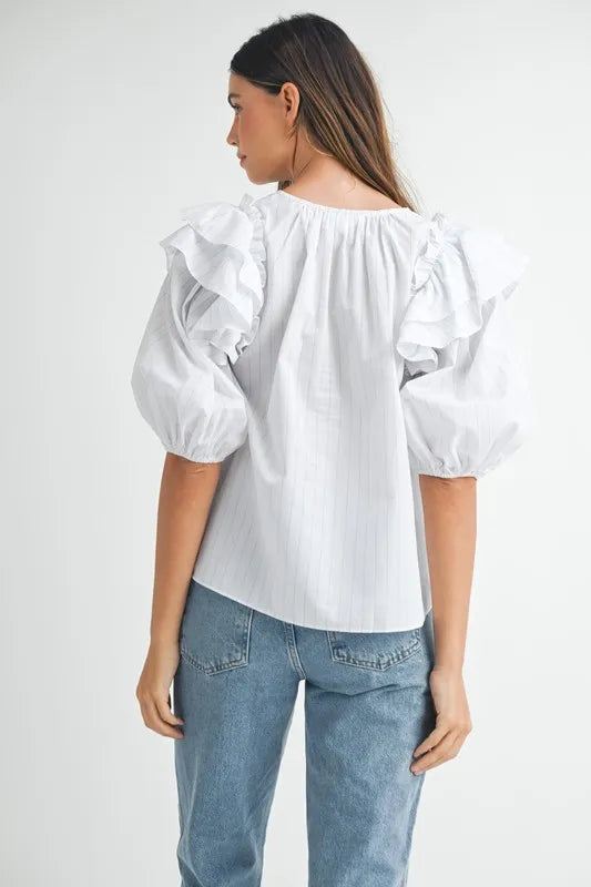 MABLE Stripe Ruffle Shoulder Puff Sleeve Blouse-MABLE-Off White-S-Urbanheer