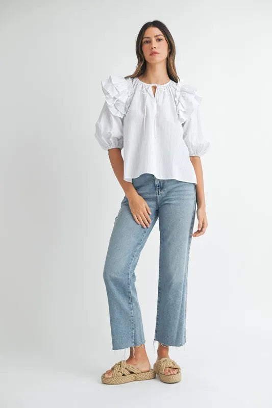 MABLE Stripe Ruffle Shoulder Puff Sleeve Blouse-MABLE-Off White-S-Urbanheer