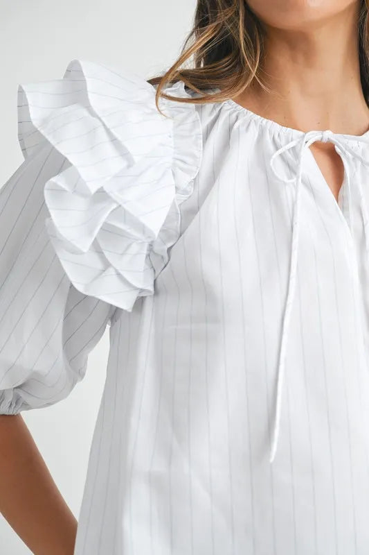MABLE Stripe Ruffle Shoulder Puff Sleeve Blouse-MABLE-Off White-S-Urbanheer