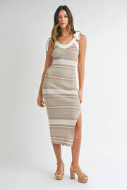 MABLE Striped Rib Knit Midi Dress-MABLE-LT TAUPE-S-Urbanheer